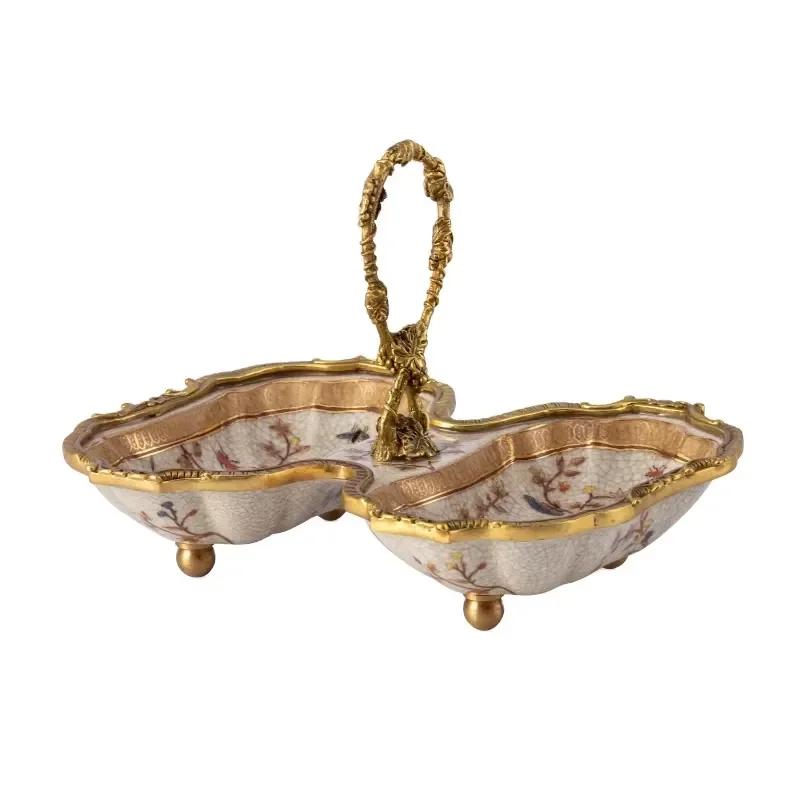 EXHY Brown American Living Room Table European Pure Copper & Porcelain Fruit Plate Home Decorations 23x19x16cm