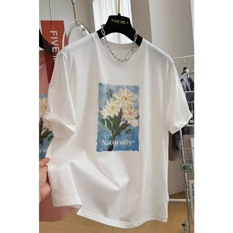 Fashion Oil Painting Floral Print Cotton T Shirt Women Round Neck Loose Casual Summer Basic Tops