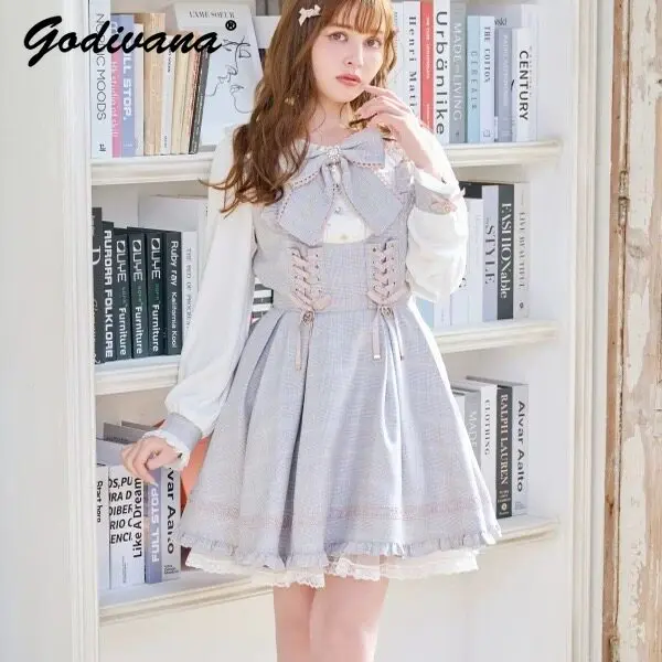 

Japanese Style New Liz Mass-Produced Lace Patchwork Lolita Bow Sailor Collar Girl Women's Long Sleeve Dress Slim A-line Dresses