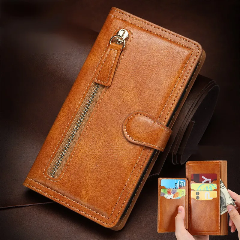 Multi Card Slots Zipper Wallet Flip Case For iPhone 11 12 13 14 15 16 Pro Max XR XS Luxury Leather Magnetic Charging Book Cover