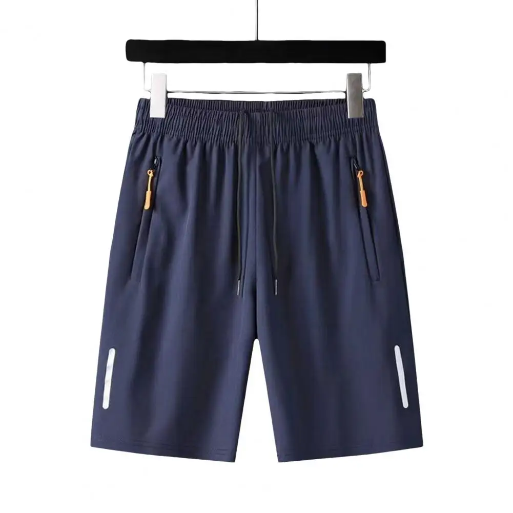 Calções esportivos monocromáticos masculinos, cintura elástica, calça reta casual, bolsos com zíper, altura do joelho fina retrô, roupas de verão