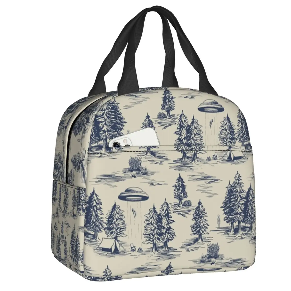 

Термоизолированная сумка для обеда с индивидуальным рисунком Alien Abduction Toile De Jouy в синих тонах, портативный контейнер для еды для женщин