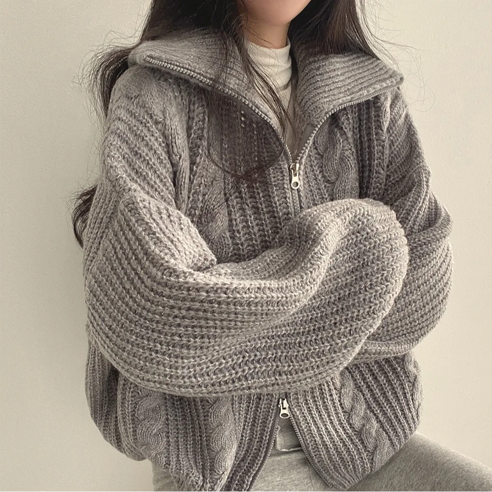 Thiened Maglione lavorato a maglia a collo alto con doppia cerniera Cardigan lungo aperto Sve Capispalla lavorato a maglia Lazy Sle Versione coreana Win...