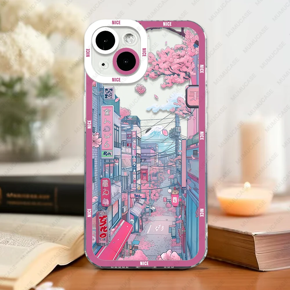 Case For iPhone 16 15 14 13 Pro Max 12 Mini 11 XS X XR SE 7 8 Plus Soft Cover Japanese Landscape Cherry Blossoms