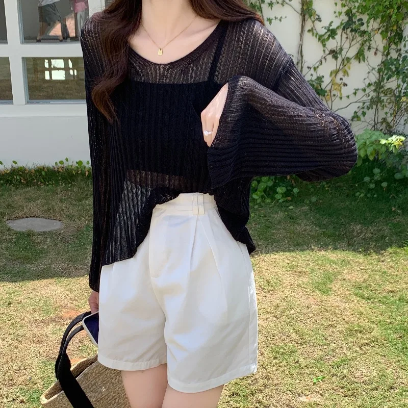 

Loose V-Neck Knitted Sunshade Cover up Women's Fashionable Summer Top Thin Style Casual Ins Trendy Long Sleeve Outerwear