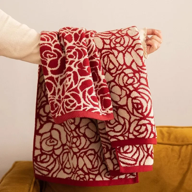 Red Heart Rose Pattern Combed Cotton Towels Soft Comfortable Yarn Dyed Face Towel Bathroom Towel for Household