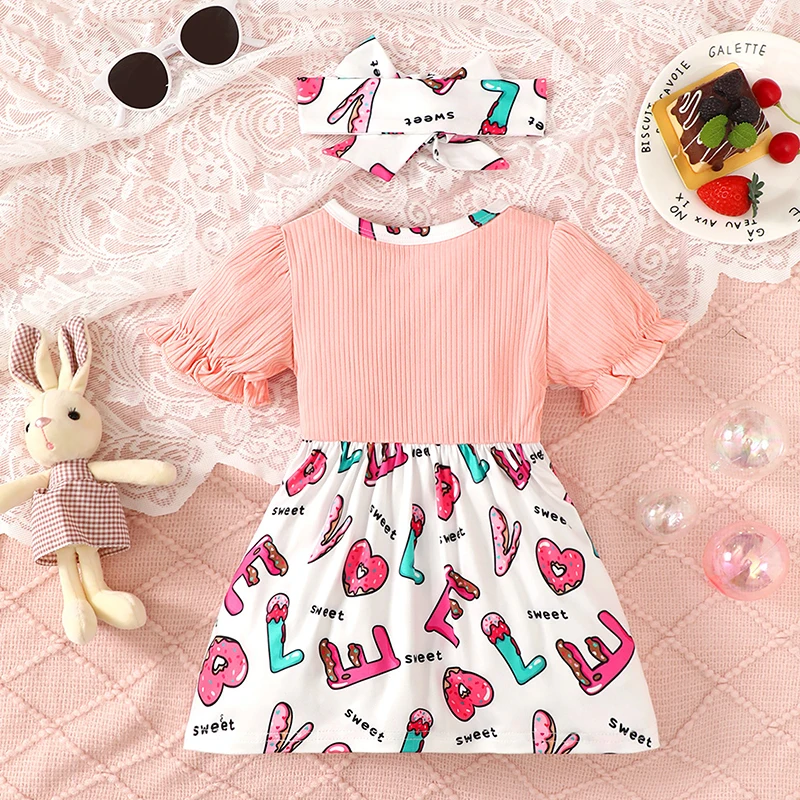 Baby Girl Valentine s Day Dress Set Short Sleeve Crew Neck Letters Print Patchwork A-line Dress with Headband Summer Outfit