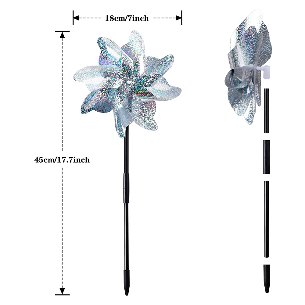 4Pcs Bird Drive Windmill Sparkly Bird Repeller Pinwheels Reflective Bird Scare Deterrent Driving Windmill for Garden Lawn Yard