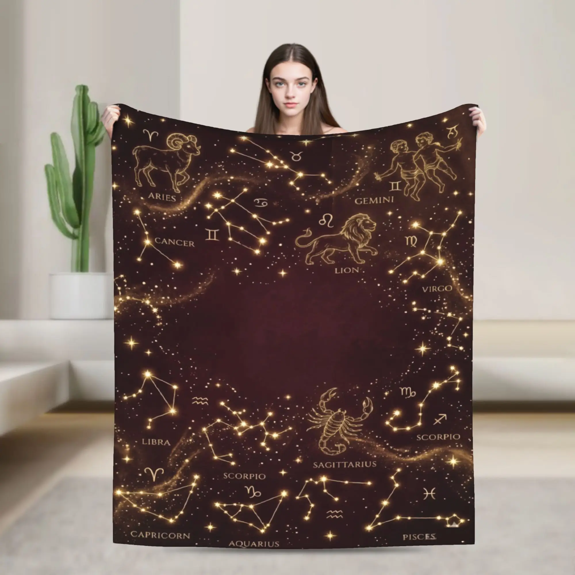 Astrology Zodiac Moon and Stars Warm Soft Blanket  Airplane Travel Plush Throw Blanket Bedroom Flannel Bedspread Sofa Bed Cover