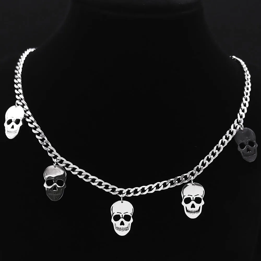 Skeleton Skull Tassel Hip Hop Pendant Necklaces Stainless Steel Exaggerated Ghoul Clavicle Chain Necklace Halloween Jewelry Gift