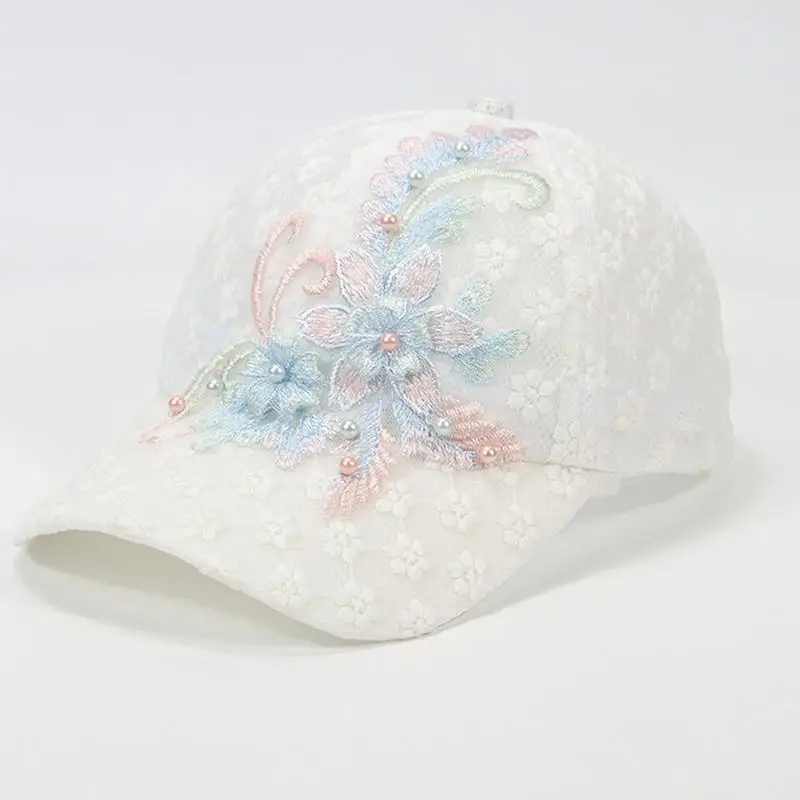Weiß-Rosa Spitzen-Baseballkappe mit gestickten Blumen, atmungsaktive Baseballkappe, elegante Entenschnabel-Mesh-Sonnenschutzkappe – Detail 9