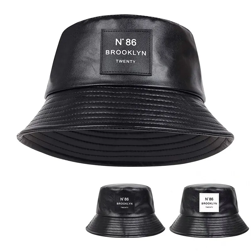 Unisex N86 Label Personality Pu Leather Bucket Hats Fishermen Caps Outdoor Casual Cap Sunscreen Hat