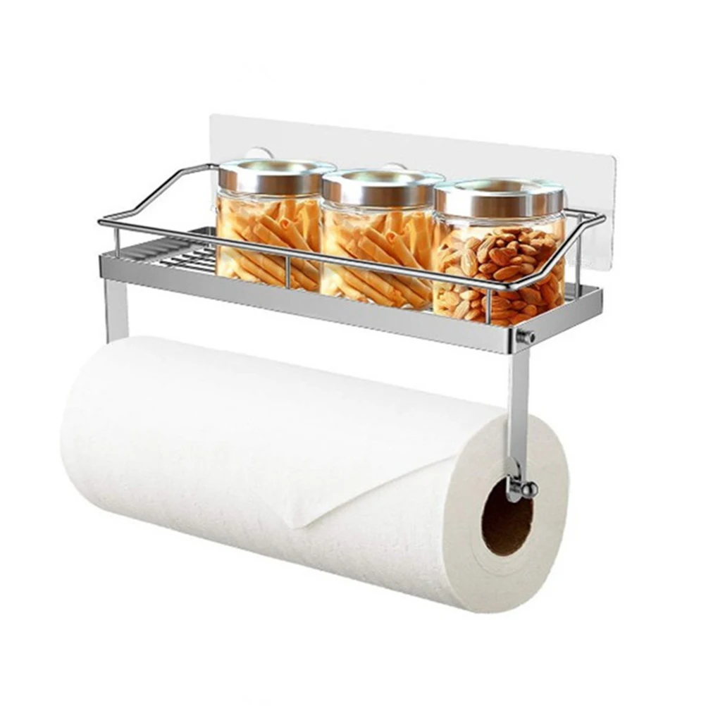 

Настенная стойка из нержавеющей стали, самоклеящийся держатель для рулонной бумаги, кухонные полки для хранения, полка для ванной комнаты, экономия места, прочная, сухая