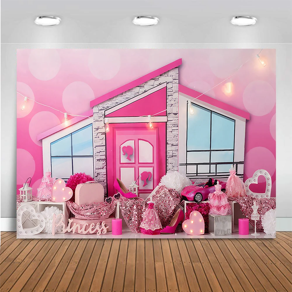 Pink Doll Dreamhouse Photo Background for Girl Birthday Cake Smash Photography Backdrop High Heel Dress Photo Studio Props