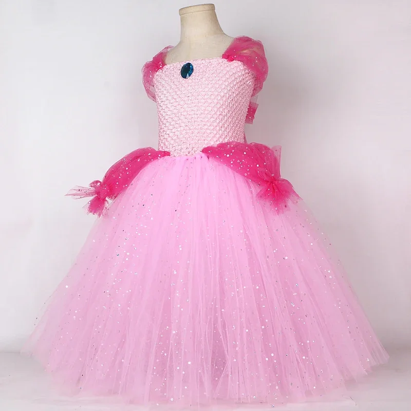Costumi scintillanti da principessa super pesca per ragazze Scintillanti rosa Abiti foderati a figura intera Bambini Carnevale di Natale Tutù lunghi Ou @ 0Z *