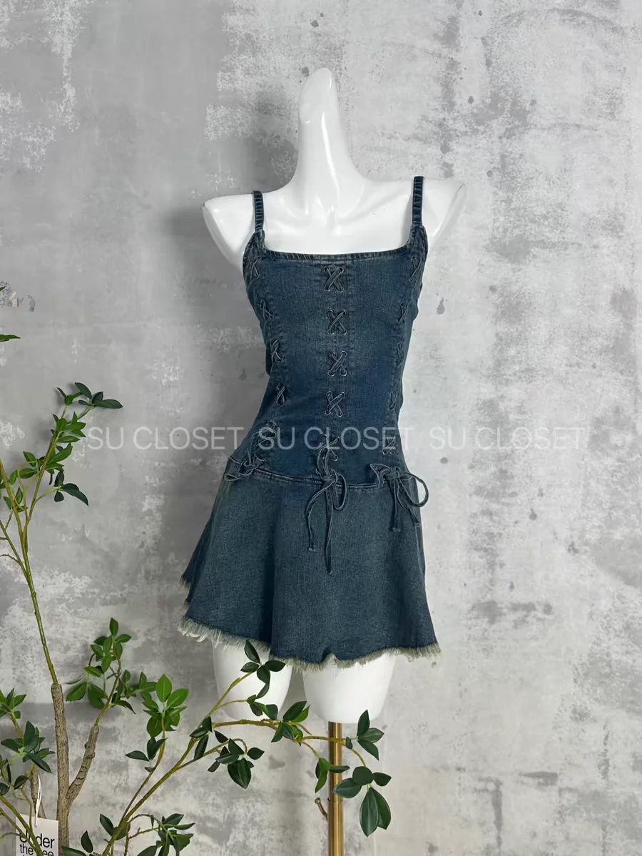 

Women's retro spicy girl summer limited cross bow raw edge elastic denim strap dress