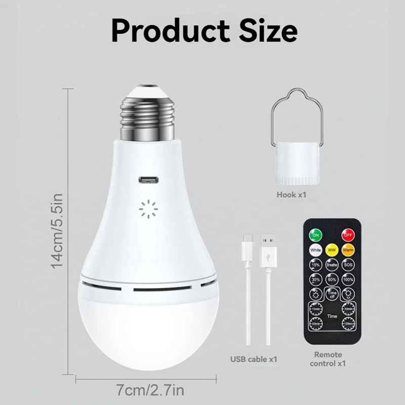 Bombilla LED recargable por USB inalámbrica con atenuación táctil inteligente, interruptor de sincronización remota de temperatura de 3 colores para el hogar al aire libre