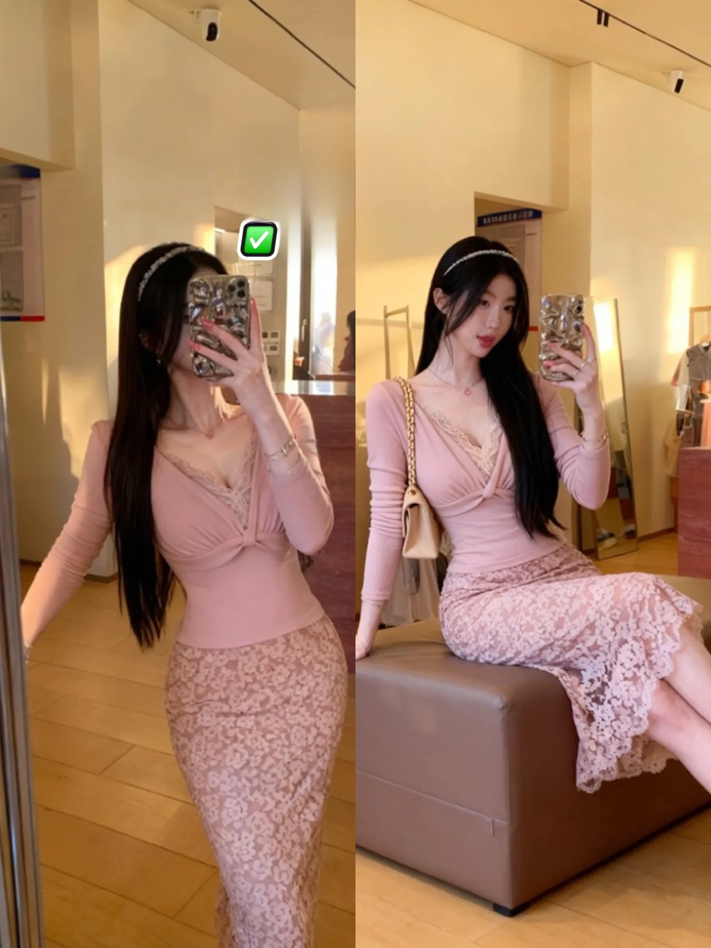 

Winter Lace Long Sve Cisas Theme Women's Faion Set with Chest Pad High Waist Skirt Casual Sle Mid-Thi Non-Fur