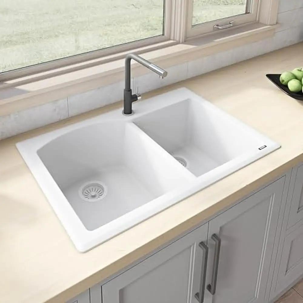 Double Bowl Kitchen Sink 33x22 White Composite Granite Dual-Mount Installation Sound-Absorbing Non-Porous Stain-Resistant Faucet