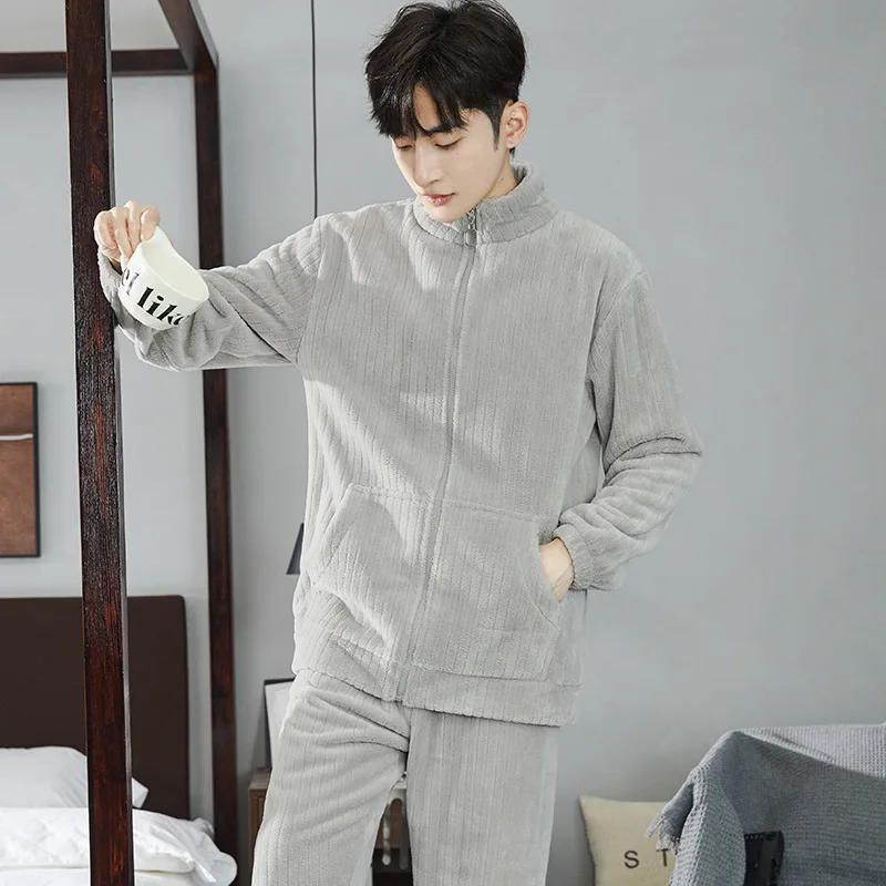 Men\'s Pajama Sets Winter Warm Homewear Flannel Loose Zip-up Nightwear 2 Pieces Thickened Sleepwear Male Home Clothes Big Size