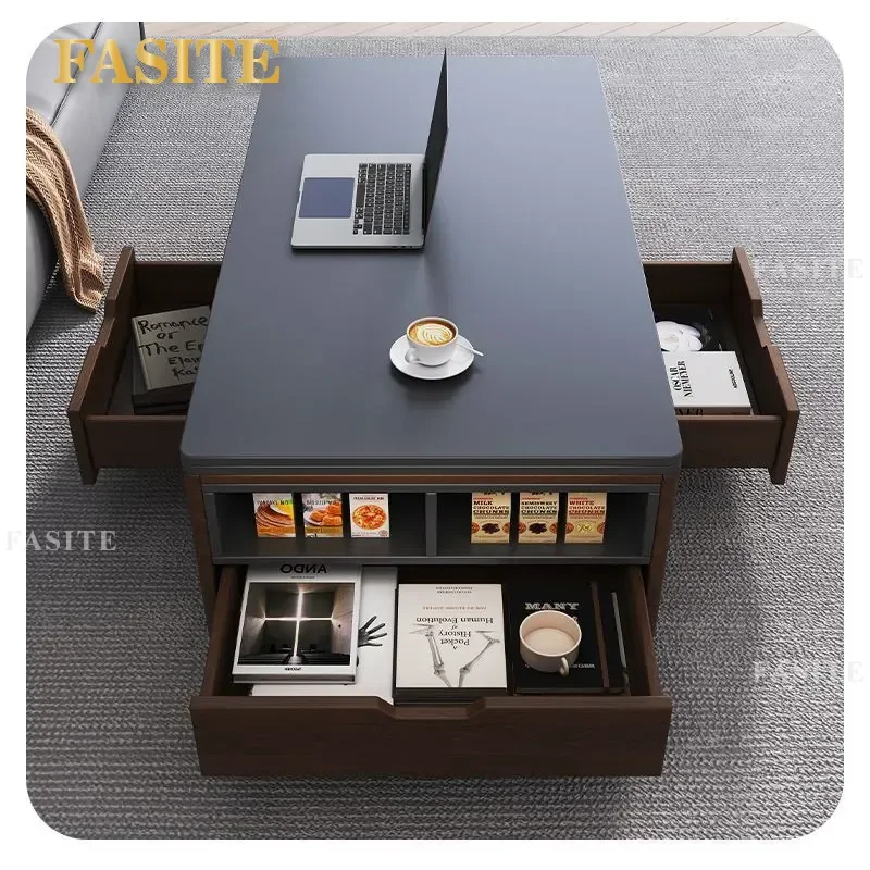 For Small Apartment Solid Wood Slate Lifting Coffee Table Dual Purpose Mobile Dining Table Integrated Three In One Folding