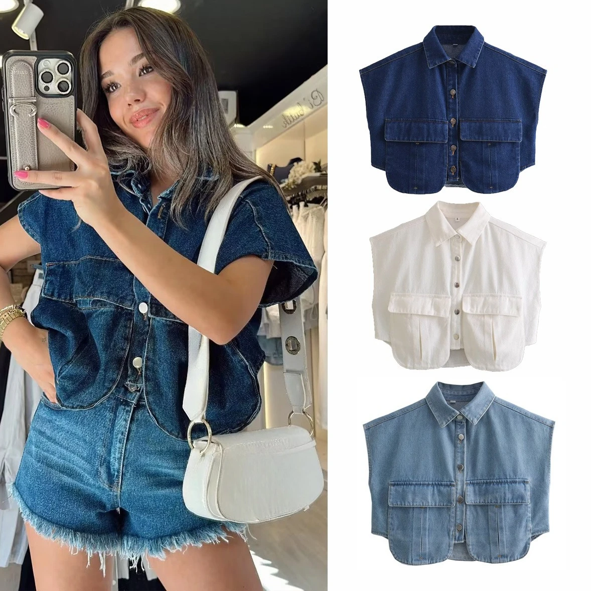 

Женская одежда 2026: Однотонная джинсовая рубашка-топ без рукавов с большим карманом и воротником поло, класса люкс