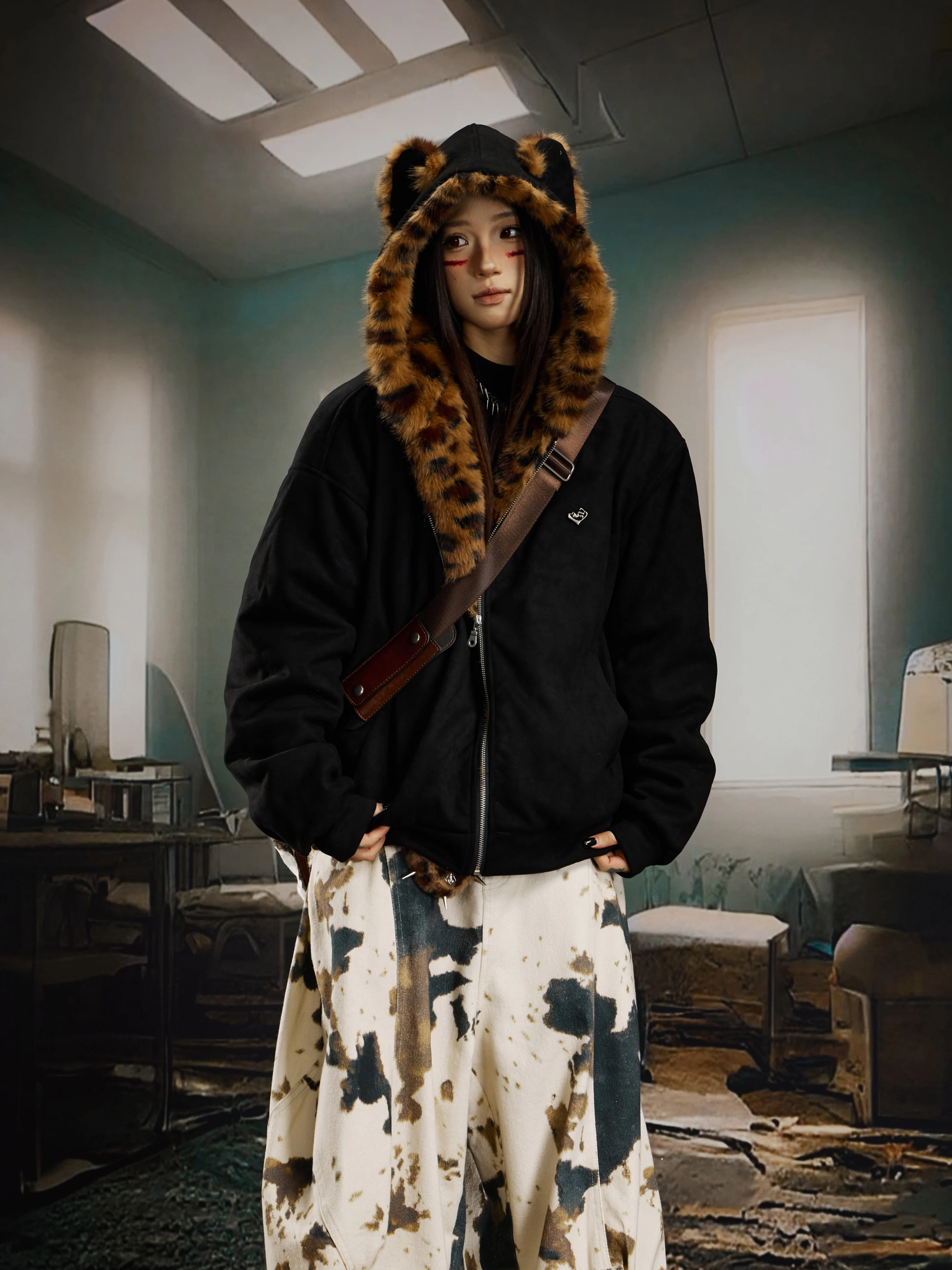 Personalized Leopard Splicing Furry Hooded Mountain Carving Puffer Jacket Cotton-Padded Loose Top