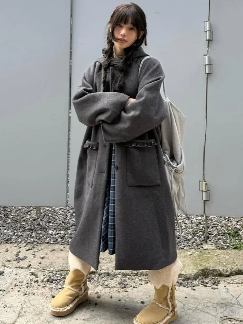 

Ретро кружевное свободное пальто миди с капюшоном, новое зимнее шерстяное пальто для колледжа Sle Chic для женщин