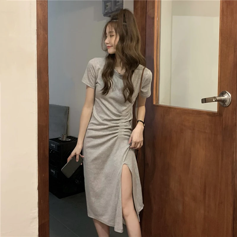 Ature T-shirt mi-long pour femme Dr Design fendu asymétrique coupe ajustée taille haute jupe trapèze coréenne Sle été Dr