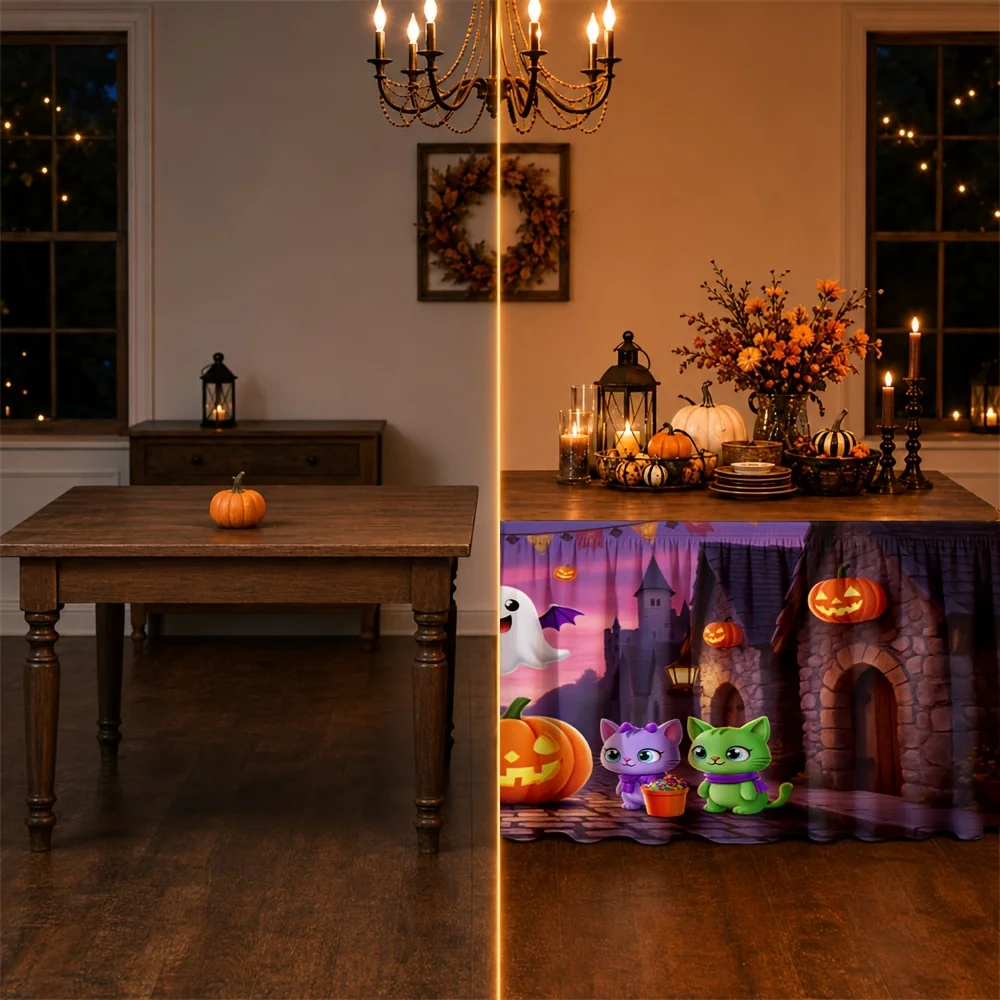 Tablecloth/ Tablecloth, Halloween-themed cartoon cats and ghosts, paired with lanterns and pebbles