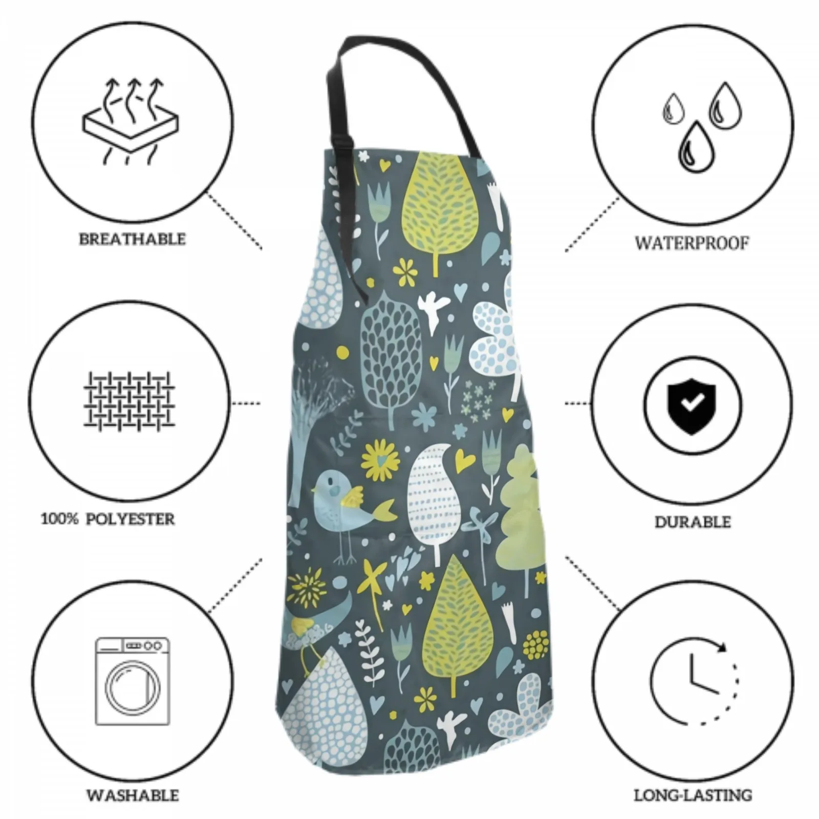 Flowers Waterproof Apron with 2 Pockets Kitchen Chef Aprons Bibs for Grooming Cooking Baking Painting Gardening