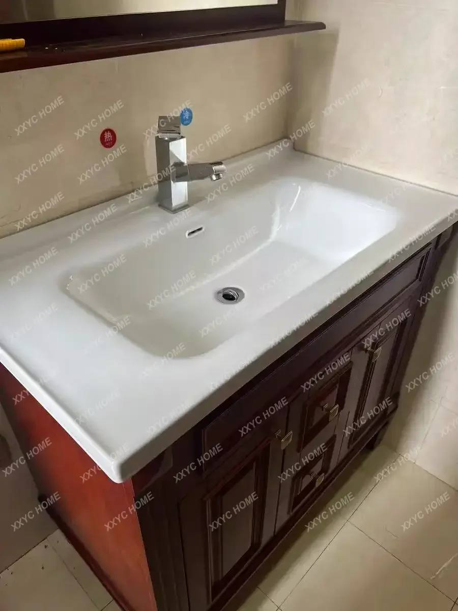 Solid Oak American-Style Bathroom Vanity with Ceramic Integrated Modern Smart Mirror Included Handwashing Basin Furniture