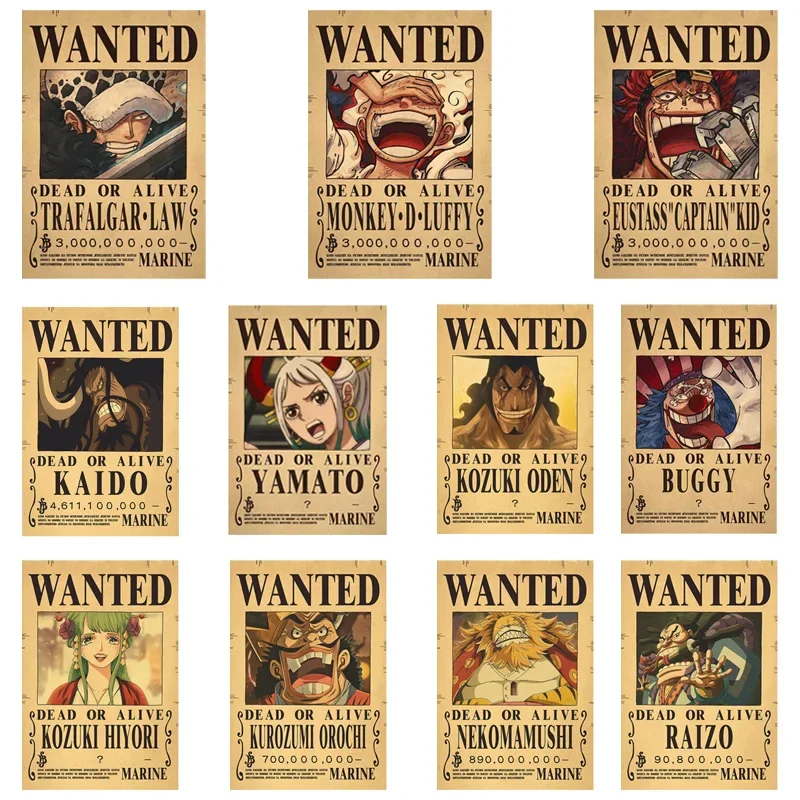 One Piece Wanted Posters 10pcs Set Kids Figures Anime Gear 5 Luffy Sun God Nika Bounty Vintage Living Room Wall Decoration Toys