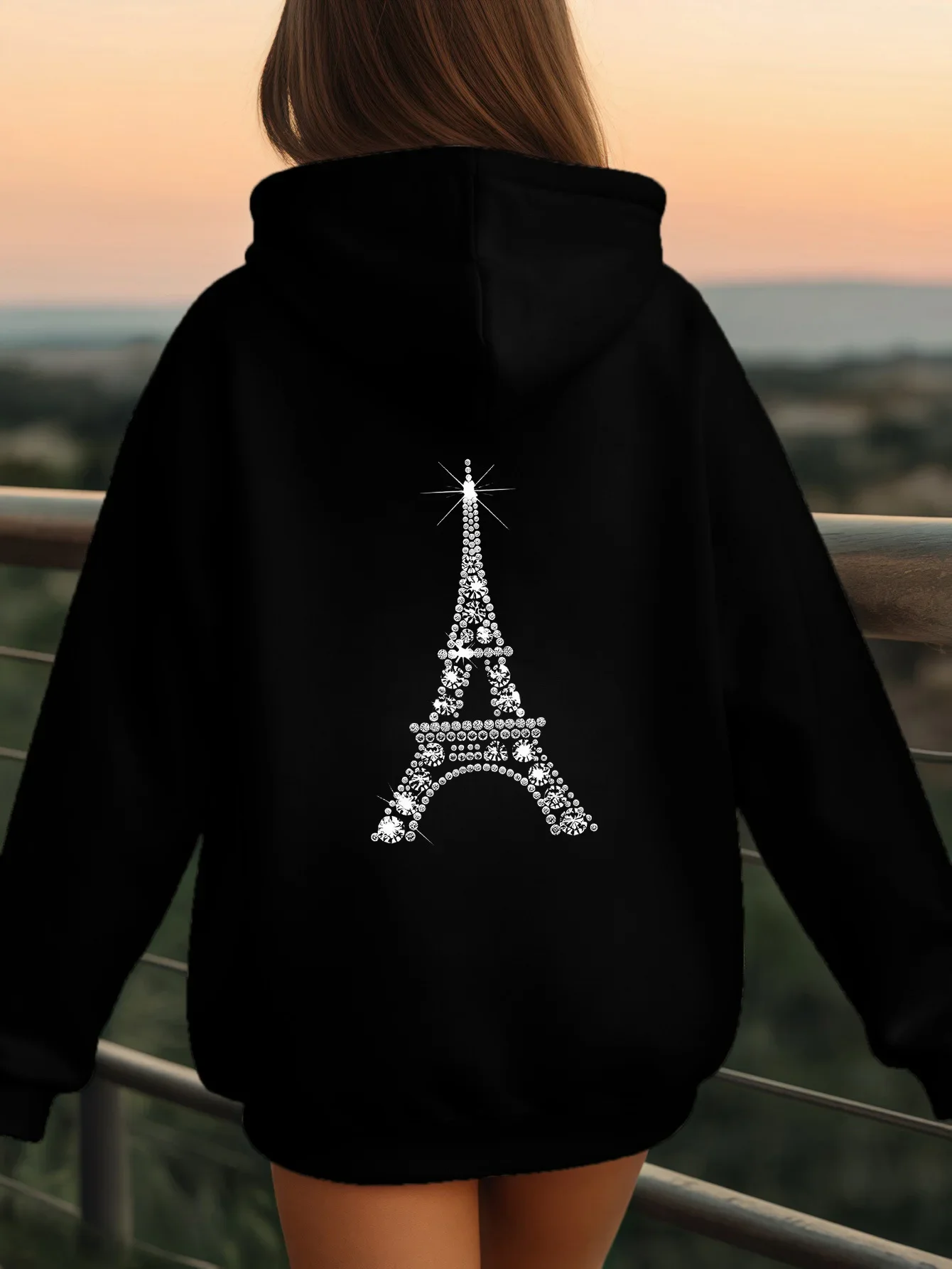 Kids Fashion Back Print Hoodie Shiny Eiffel Tower Paris Graphic Pullover Autumn Winter Fleece Warm Casual Hooded Sweatshirt