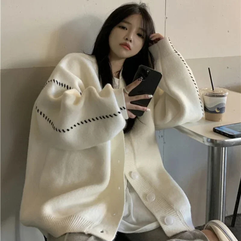 GELITAYIN Autumn And Winter Lazy Style V-neck Knitted Sweater Cardigan Women Korean Version Loose Casual All-match Sweater Cardi