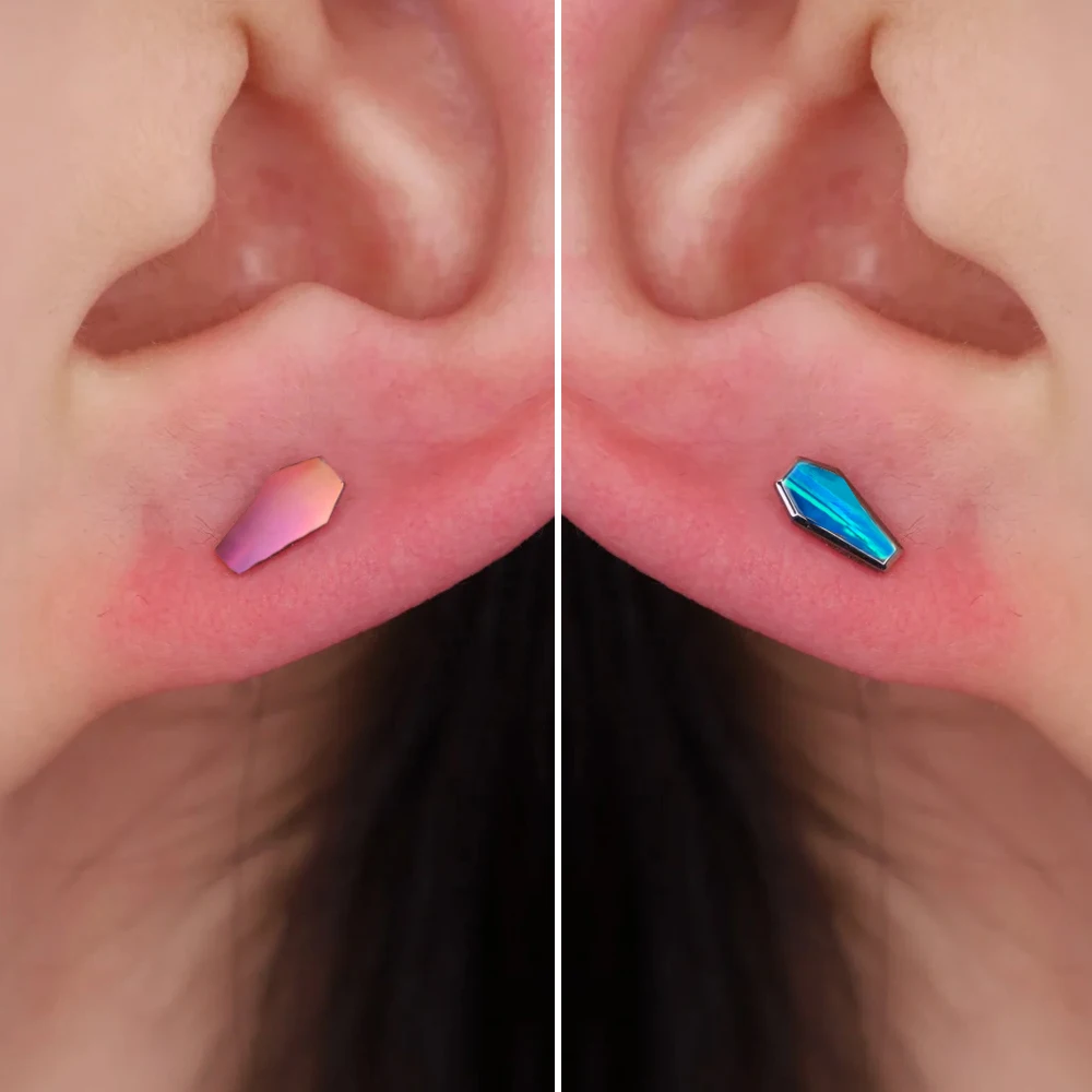 1PC Coffin Shaped Flash Film&OPal Lip Stud Titanium Alloy Threadless Push In Labret Nose Ear Cartilage Lobe Earring  20G/16G