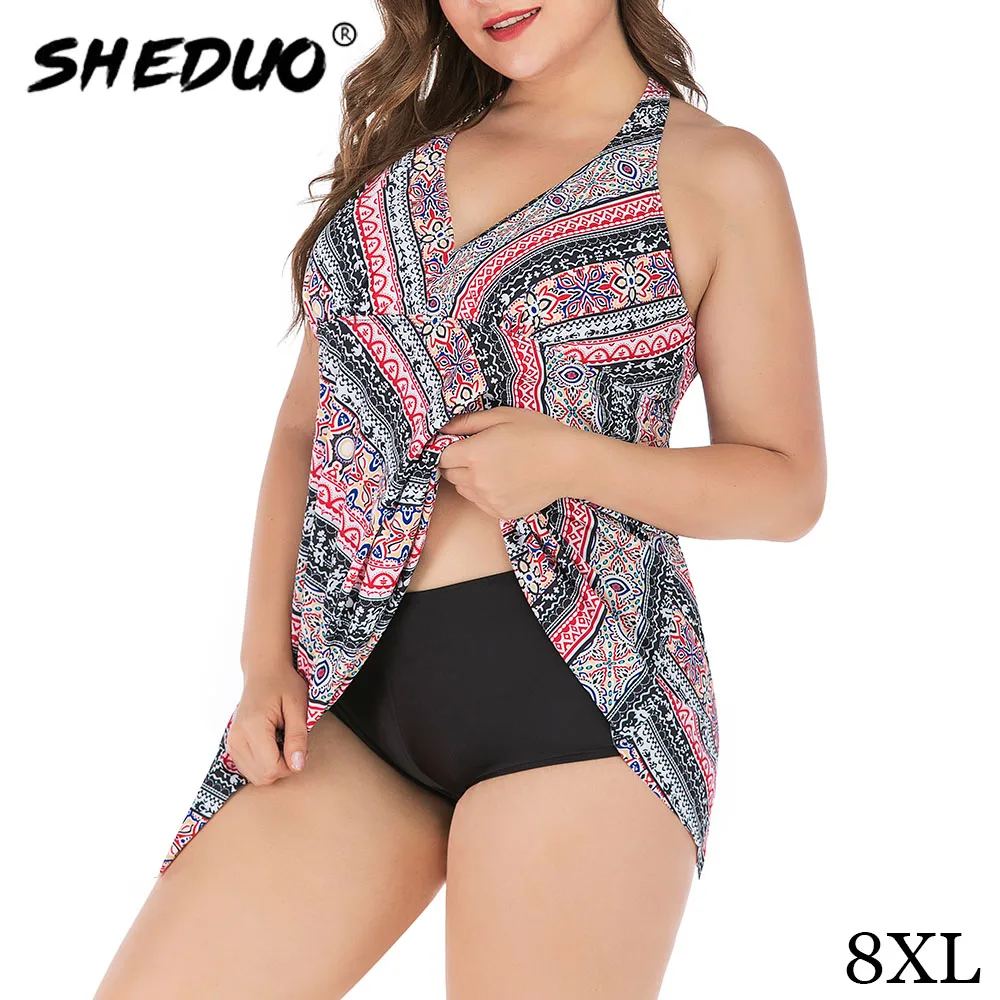 Sheduo wydrukowano Push Up stroje kąpielowe kobiety Plus rozmiar pływanie Backless nieregularne 8XL dwuczęściowy strój kąpielowy bikini