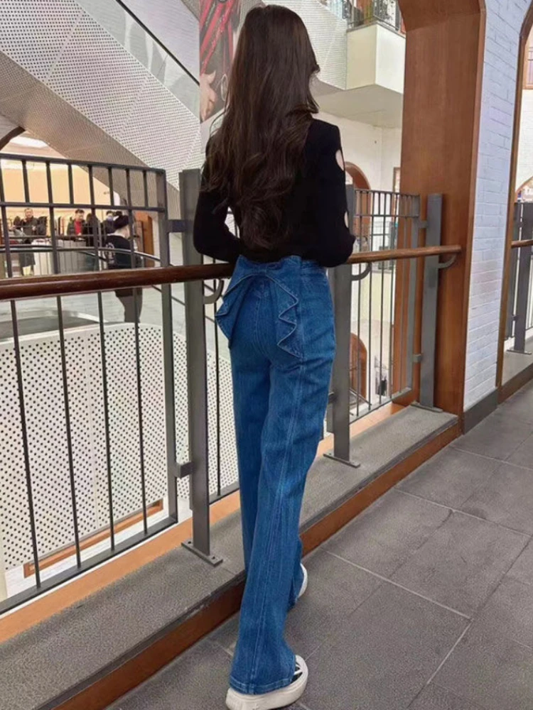 Fashion Design Jeans Bow Patchwork Solid Color High Waist Casual Loose Pantalones De Mujer Spring Autumn All Match Clothing 2024