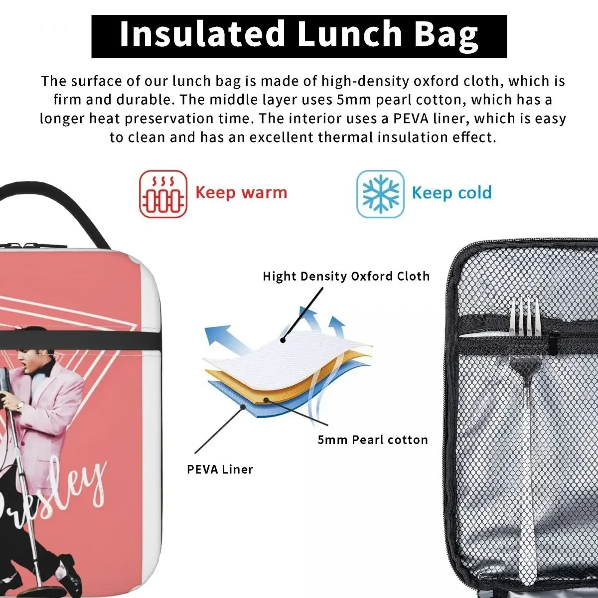 E-Elvis Presley Merch Insulated Lunch Bag For Picnic Food Container Portable Thermal Cooler Lunch Boxes