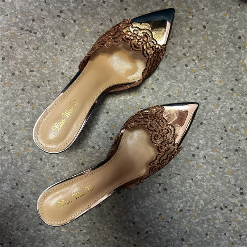 

Женская обувь с открытым носком и вышивкой, летние сандалии с открытой пяткой, уличные тапочки на тонком каблуке, Zapatos Mujer