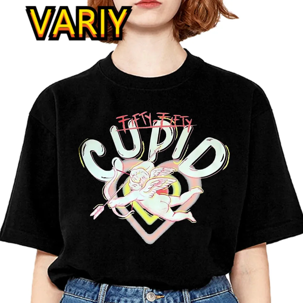 Kpop F-FIFTY F-FIFTY Cupid Print Funny T-shirt Girl Women Short Sleeve Y2K Korean 90s Print Tops Gril Black Clothes Drop Ship