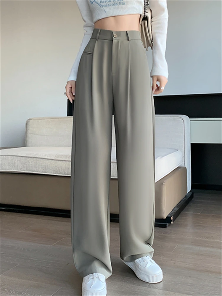 Imagem -03 - Calça Feminina Seoulish de Cintura Alta de Perna Larga Calça Elástica Elegante Calça Casual de Trabalho Feminina Verão e Primavera Nova 2023