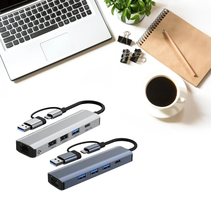 R53C Portable RJ45 to Type C+USB Ethernet 100mbps/1000mbps Adapter USB Extender Docking Station for PC Laptop Accessories