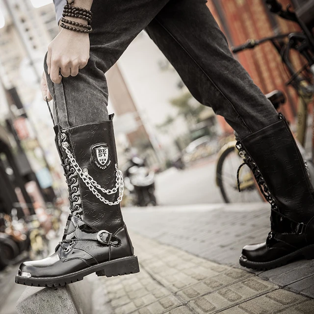 Punk Boots Motorcycle Military Combat Boots Punk Leather Men Men s Leather Aliexpress