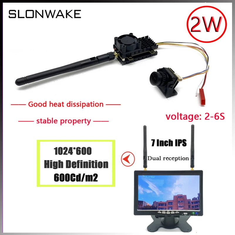 SLONWAKE FPV 2W VTX transmitter 1200TVL camera，7inch highlight display 600cd/m' 1024*600 suitsuitable for UAVfixed wing RC