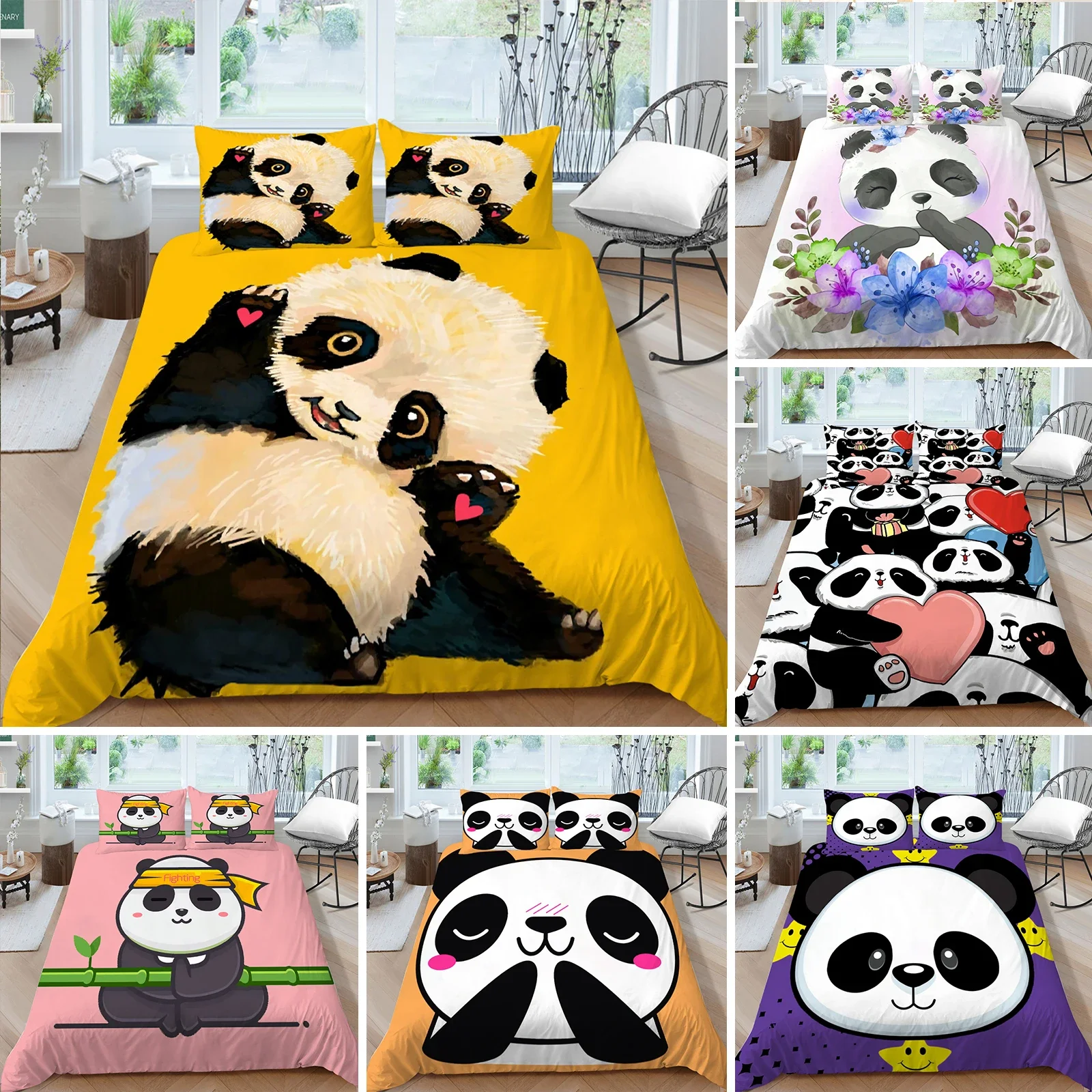 

Panda Bedding Set for Kids Boys Girls Cute Cartoon Giant Panda Duvet Cover Set King/Queen Size Yellow Soft Polyester Quilt Cover