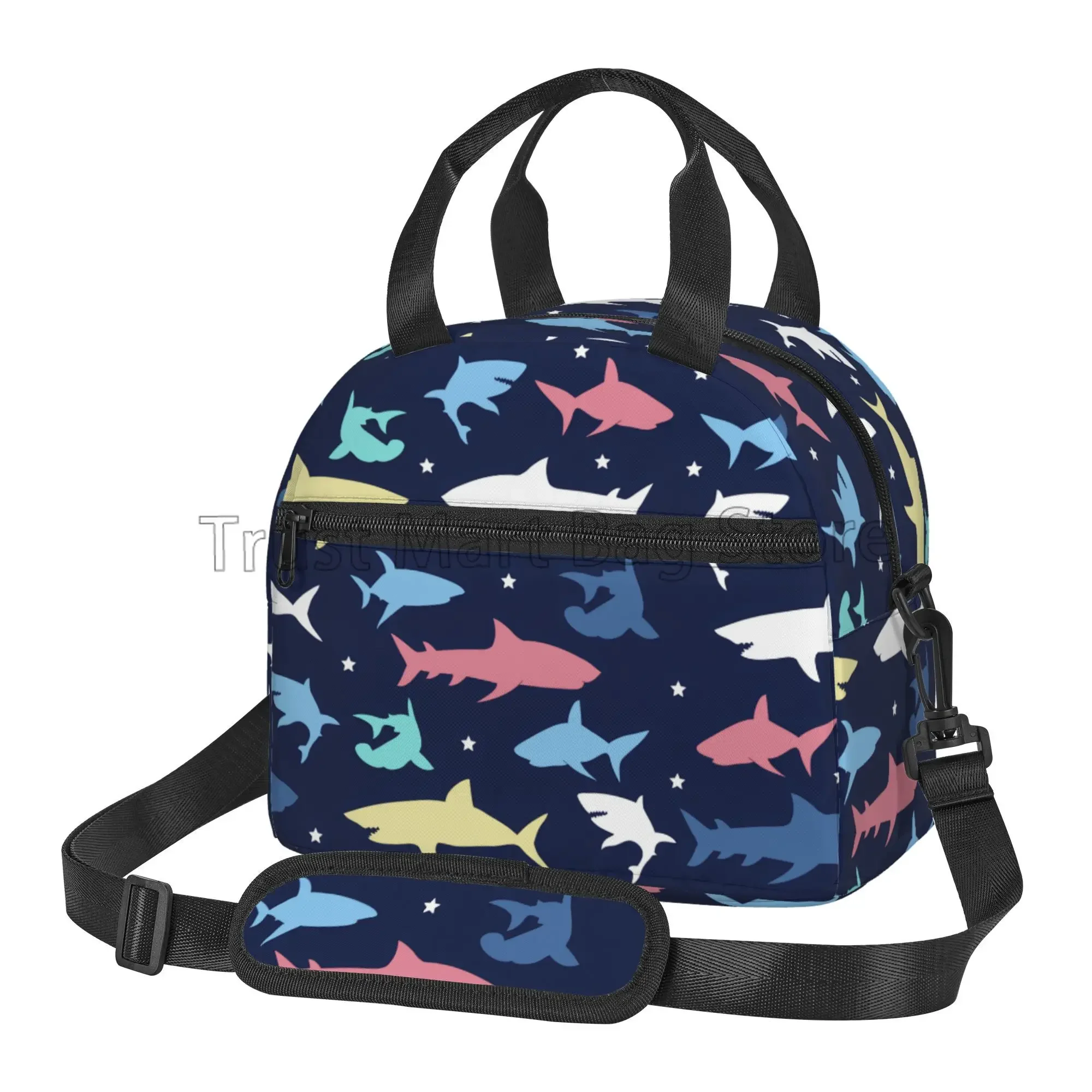 

Cartoon Shark Print Insulated Lunch Box with Adjustable Shoulder Strap Reusable Thermal Bento Tote for School Work Picnic Beach