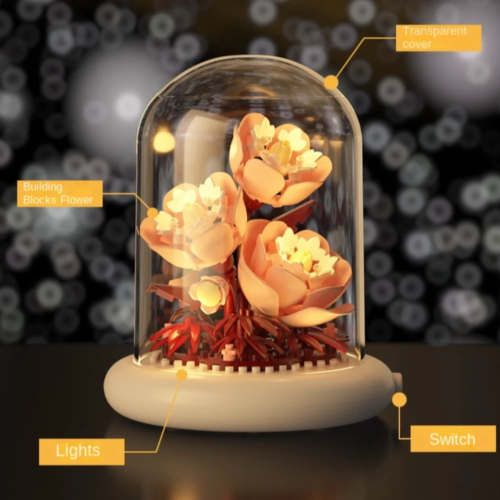 꽃 꽃다발 빌딩 블록 먼지 커버 플라스틱 식물 분재 빌딩 장난감 배터리 구동 조명 기본 데스크탑 장식품
