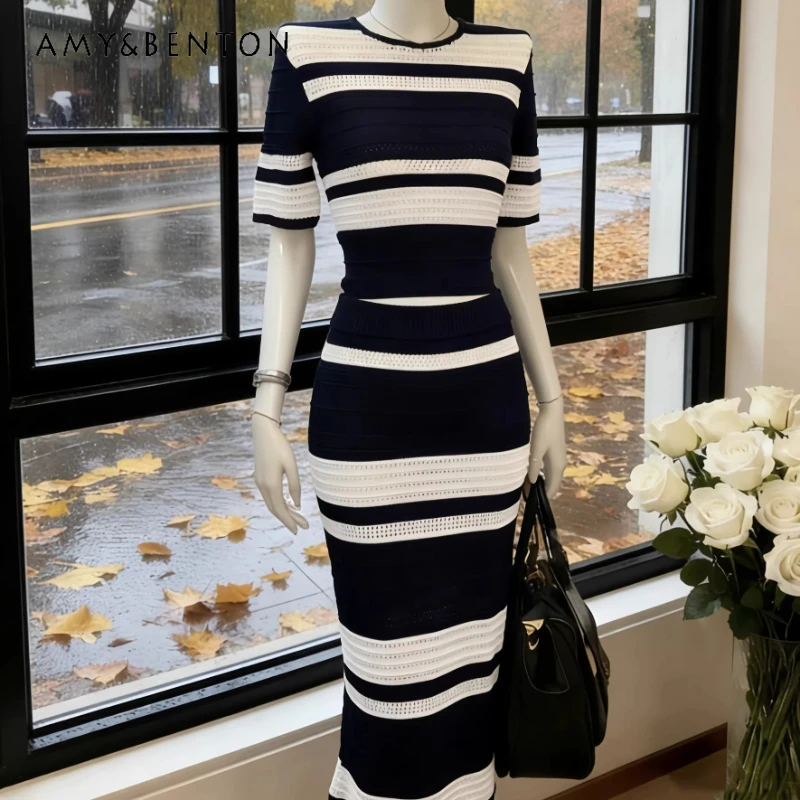 

Fashion Temperament Women's Long Skirt Set Spring Summer New Striped Color Matching Knitted Top Skirts Two-piece Sets Ladiies