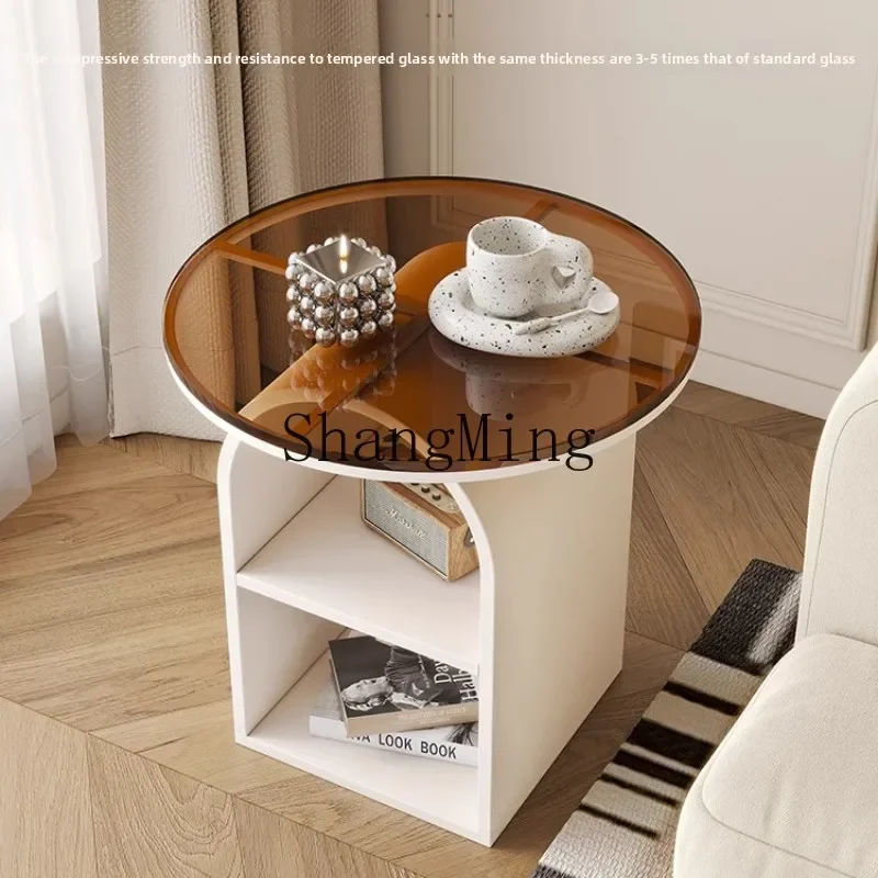 ZYYcreamスタイルのリビングルーム用ソファの端に置く、少数の錬鉄製の丸いガラス製コーヒーテーブル